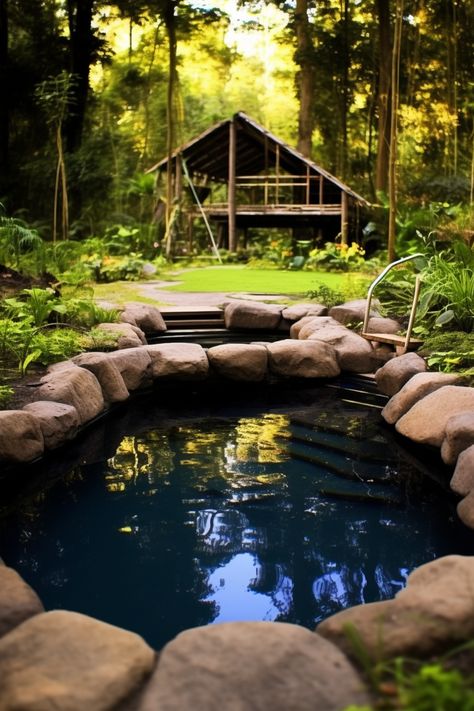 Escape to a serene forest retreat with a small pool and wooden cabin, featuring luminous reflections and an exotic atmosphere. This matte photo captures the beauty of traditional Japanese artistic techniques and organic stone carvings, reminiscent of a National Geographic masterpiece. Indigo and green hues add to the natural allure of this backyard paradise. Forest Pool, Rustic Pool House Ideas, Japanese Buildings, Outside Pool, Swimming Pond, Wooden Cabins, Reflecting Pool, Backyard Paradise, Small Pool