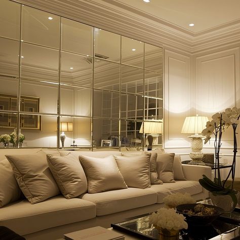 Mirror Wall Design Ideas, Mirrors In Living Room Ideas, Tiny Living Room Ideas, Mirror Wall Design, Mirror Panel Wall, Tiny Living Room, Mirror Decor Living Room, Wall Design Ideas, Sofas For Small Spaces