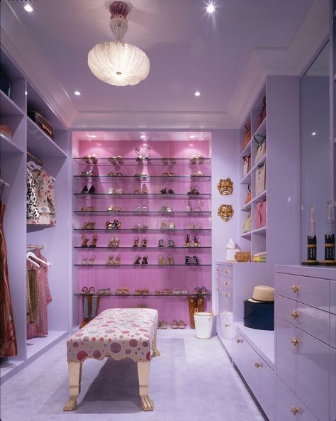 A pink wall makes a pretty backdrop for the show collection in this closet | archdigest.com Pastel Living Room, Pink Closet, Dream Closet Design, Living Room Upholstery, Closet Decor, Closet Room, Dream Closets, Glam Room, Design Room