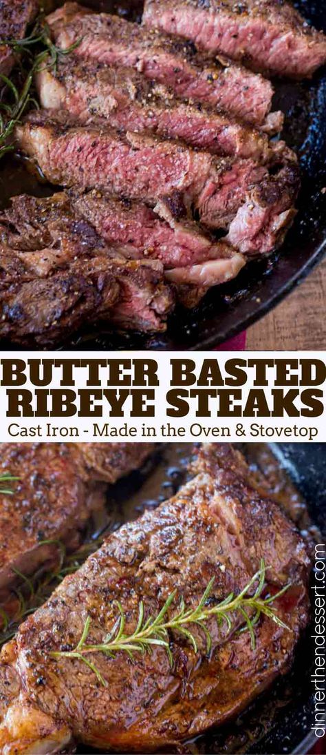 Perfect, Easy Ribeye Steak that is butter basted in a cast iron skillet in the oven with Rosemary. A Perfect error-proof medium rare in 20 minutes including resting time. Cast Iron Steak, Ribeye Steak Recipes, Beef Steaks, Iron Skillet Recipes, Cast Iron Skillet Recipes, Cast Iron Recipes, Medium Rare, Ribeye Steak, Prime Rib