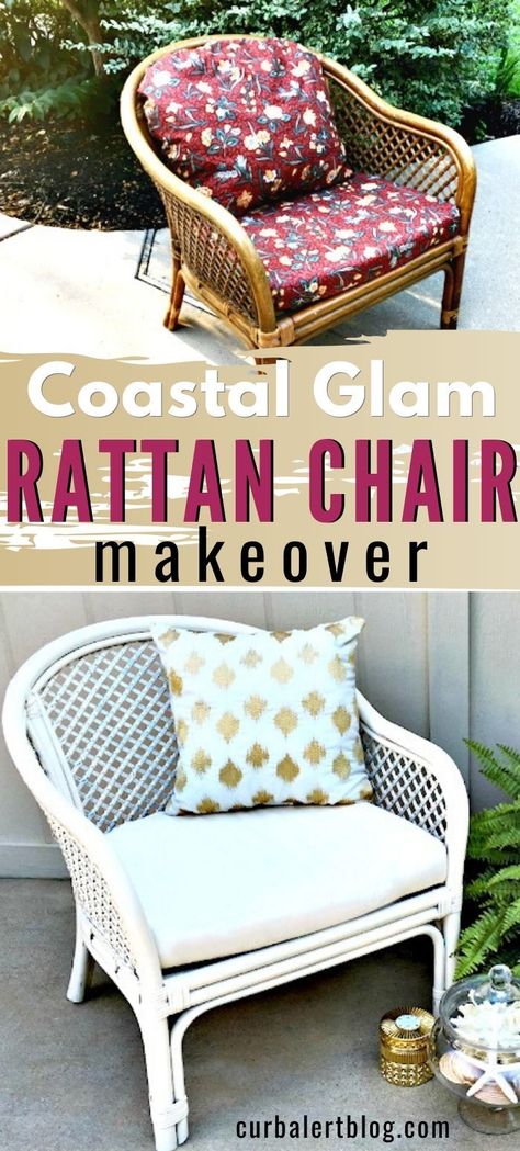 It's such a  good feeling when a project comes together quickly and ends up the way you really wanted it to.  Take a peek at how easy it was to update this rattan chair: a quick makeover with a big effect!  #rattanchair  #chair #makeover #furnituremakeover #diyhomedecor Rattan Chair Makeover, Rattan Furniture Makeover, Coastal Glam Decor, Ratan Furniture, Wicker Furniture Makeover, Coastal Glam, Flip Ideas, Rattan Chairs, Future Garden