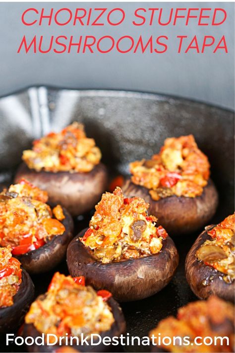 This chorizo stuffed mushrooms recipe makes the perfect modern Spanish tapa. Perfect for snacking or as a starter, these chorizo mushrooms are a touch spicy and super creamy. Chorizo Snacks Appetizers, Spanish Stuffed Mushrooms, Spanish Starters Appetizers, Spanish Mushrooms Tapas, Mushroom Tapas Recipe, Keto Tapas Recipes, Spanish Food Recipes Spain, Chorizo Appetizer Recipes, Portuguese Starters