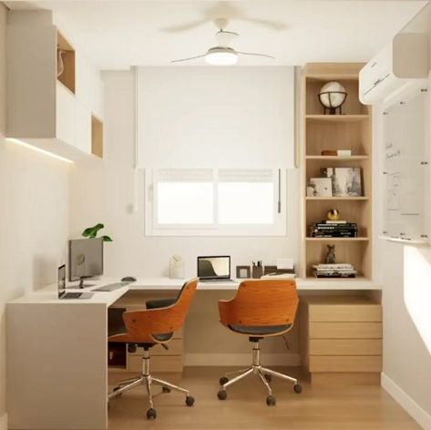 Desk For 4 People, Study Room Two People, Small Double Home Office, Double Desk Small Space, Small Home Office Design For Two, Double Study Table Design, Small Two Person Office, Double Desk Home Office Small Space, Small Office Two Desks Layout