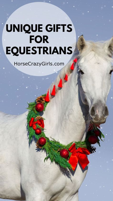 A white horse wearing a wreath around its neck. The text on the screen says Unique Gifts For Equestrians Horse Themed Gifts, Equestrian Christmas List, Diy Gifts For Horse Lovers, Horse Gifts For Women, Diy Horse Gifts, Horse Lover Gifts Diy, Gifts For Equestrians, Equestrian Gift Ideas, Horse Lover Gift Ideas