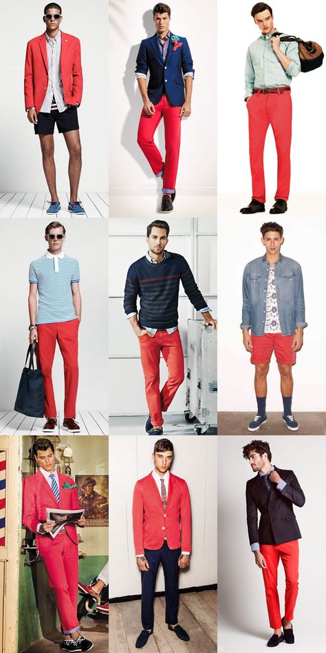 Red Jeans Men, Red Pants Men, Shades Of Red Color, Chinos Men Outfit, Red Pants Outfit, Berry Tones, Mens Fashion Summer Outfits, Red Chinos, Colour Trend