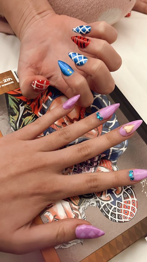 Jojo's Bizarre Adventure Nail Art, Jojo Nails Ideas, Jjba Nail Design, Jolyne Kujo Nails, Jjba Inspired Nails, Jojo Nails Art Designs, Jojo Inspired Nails, Anime Inspired Nail Art, Jojo's Bizarre Adventure Nails