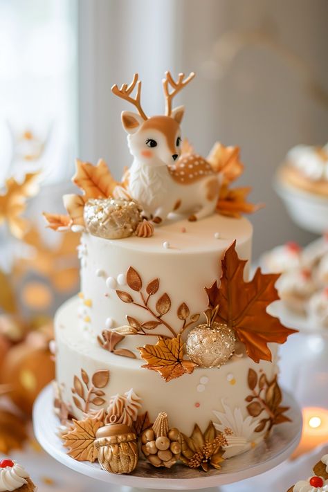 25 Easy Fall Baby Shower Cake Ideas - Barefoot Budgeting Fondant Fall Cakes, Fall Inspired Cake Decoration, Cake Fall Decoration, Thanksgiving Cake Flavors, Baby Shower Cake Gender Neutral, Fall Theme Cake Ideas, Pretty Fall Cakes, Fall Theme Baby Shower Cake, Baby Shower Fall Ideas