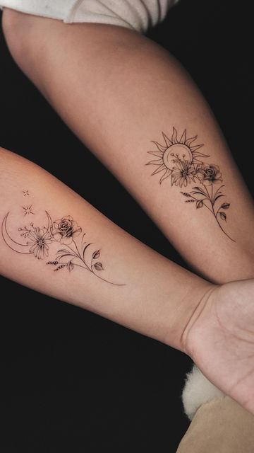 Katherine Vargas on Instagram: "Tag your sister ❤️‍🔥 . . . #matchingtattoo #tat #fineline #explore" Cool Tattoos For Best Friends, Womens Cute Tattoos, Tarot Card Best Friend Tattoos, Similar Tattoos For Sisters, Sister Tattoo Placement Ideas, Matching Floral Tattoos For Best Friends, Tattoo Ideas For Soul Mates, Cute Tattoos Sunflowers, Sister Wife Tattoos