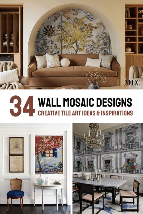 34 Inspiring Mosaic Ideas for Walls: Enhancing Your Space with Mosaic Wall Art Murals - MEC Blog Framed Tile Wall Art, Tile Accent Wall Living Room, Mosaic Wall Art Murals, Wall Mosaic Ideas, Mosaic Artwork Ideas, Mosaic Bedroom, Ideas For Walls, Landscape Mosaic, Tile Accent Wall