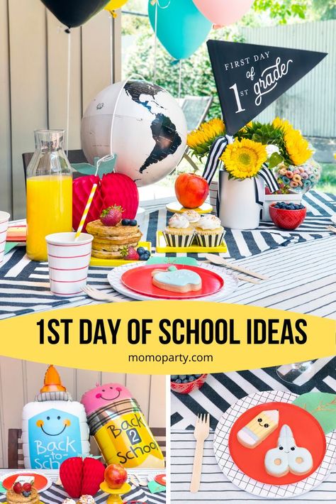 First Day Of School Celebration Ideas, First Day Of School Party At Home, Back To School Set Up At Home, Back To School Breakfast For Kids Party, First Day Of School Treats For Kids, First Day Of School Party Ideas, First Day Of Homeschool Decorations, Back To School Set Up, Back To School Morning Surprise