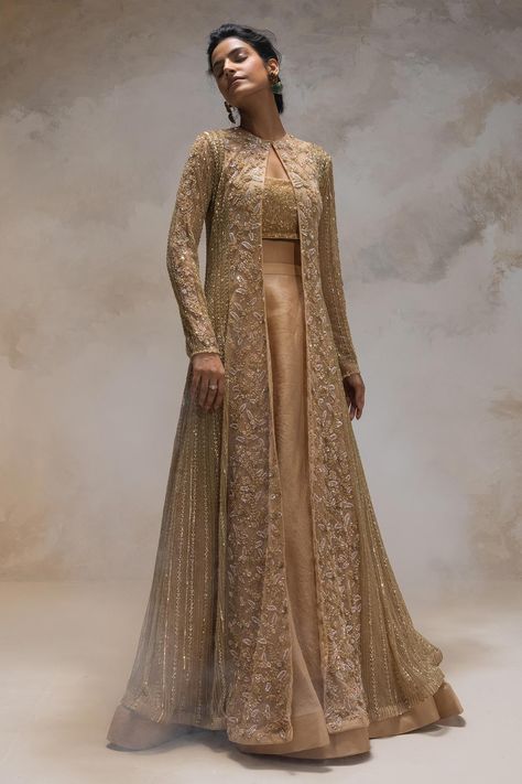 Shop for Couture by Niharika Gold Organza Floral Embroidered Jacket With Skirt Set for Women Online at Aza Fashions Net Long Jacket Dress, Long Jacket Outfit Indian Wedding, Lengha With Jacket, Lehenga With Coat, Long Jacket Outfit Indian, Lehenga With Long Jacket, Anarkali With Skirt, Jacket With Skirt, Jacket Style Kurti