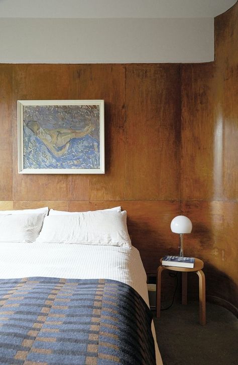 Mid Century Blue Bedroom, Wood Panelled Bedroom, Modernist Bedroom, Living Area Design, Bedroom Red, Bedroom Color, Interior Inspo, House Inspo, Interior Design Inspiration