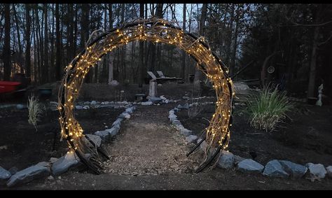 I made a moon gate this weekend with an old trampoline frame.🥰 I used wild gravevine for the weave and I'm going to plant a Yellow Jessamine on each side. I'm so excited! Credit: Barbara Hughes Earp Trampoline Upcycle Ideas, Recycled Trampoline, Yellow Jessamine, Garden Trampoline, Old Trampoline, Garden Archway, Gate Lights, Autumn Clematis, Play Area Backyard