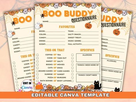 Boo Buddy Questionnaire Printable Editable Halloween Gift Exchange Quiz, Office Coworker Neighbor Friend Game, Canva Template Download - Etsy Bulgaria Halloween Gift Exchange, Boo And Buddy, You've Been Booed, Gift Exchange Games, Spooktacular Halloween, Fall Gifts, Autumn Activities, Gift Exchange, Template Download