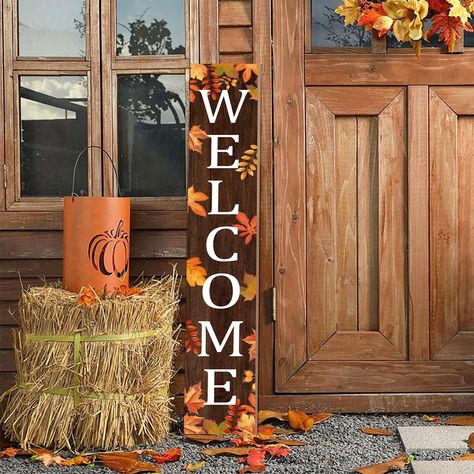 PRICES MAY VARY. The board measures 47.2"x7.8", welcome the season with this autumn wooden porch welcome sign. Stylish and inspirational. Printed with vintage autumn leaves and the tagline Welcome. A very nice logo for the autumn and Halloween display! It adopts UV ink that is old and does not fade, and it is not easy to fade outdoors. The porch welcome sign is divided into three small panels, the installation is very simple, and all the accessories needed are provided. Quickly assemble and use Tall Fall Porch Signs, Apartment Door Sign, Welcome Fall Signs Wooden, Fall Porch Sign Ideas, Front Porch Wood Signs, Fall Welcome Sign Front Door, Fall Porch Signs, Autumn Signs, Porch Boards