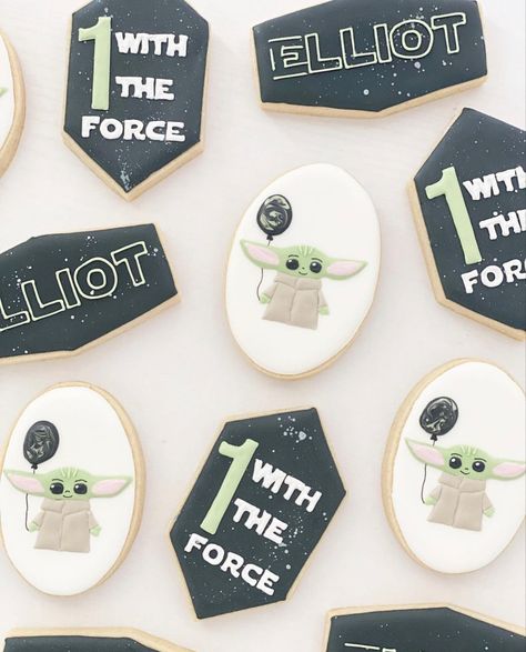 One With The Force First Birthday Cookies, One With The Force Cookies, Star Wars 1st Birthday Cookies, Star Wars First Birthday Outfit, Grogu First Birthday Party, Star Wars First Birthday Party Ideas, Grogu First Birthday, The Chosen One First Birthday Star Wars, Baby Yoda Themed Birthday Party