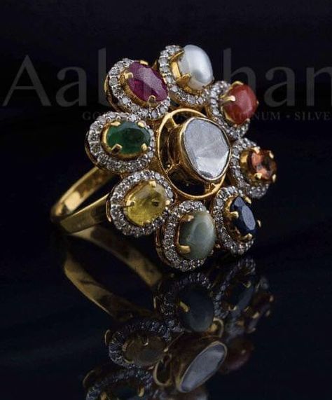 Navaratna Rings For Ladies, Navratan Rings For Women, Navratna Rings For Women, Navaratna Ring For Women, Navaratna Earrings Gold, Polki Rings Design, Navratan Earrings, Navratan Jewellery, Unique Gold Jewelry Designs