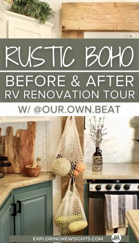 Modern Farmhouse Camper Remodel, Rv Camper Decorating Ideas Boho, Rustic Boho Camper, Boho Farmhouse Rv Decor, Bohemian Camper Remodel, Remolding Camper Ideas, Boho Campers Bohemian Style, Diy Rv Remodel Rv Interior, Rv Slide Trim Ideas