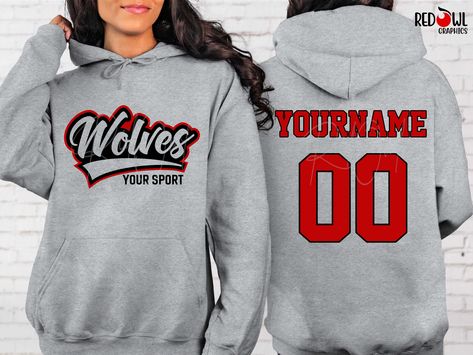 Personalized Wolves School Spirit T-Shirt Crewneck, Hoodie Hooded Sweatshirt Football, Baseball, Basketball, Softball, Track, Volleyball, Cross Country, Cheer, Wrestling Not all colors are available in all sizes and styles.  Please check the color and size charts in photos. We do our best to accurately represent shirt colors by using actual photos but do understand that all monitors will display differently. Please contact us prior to purchase with any questions on sizing or colors. Your purchase includes a custom imprint created specifically for your team! A product proof will be emailed to you within 1 business day.  Please keep an eye on your Etsy messages and reply with any changes within 24 hours. Your order will be sent to production after that time if no response is received. Excess Softball Sweatshirt, Represent Shirt, Archery Shirts, Panther Shirts, Basketball Sweatshirts, Baseball Sweatshirts, Wrestling Shirts, Personalized Basketball, Bulldog Shirt