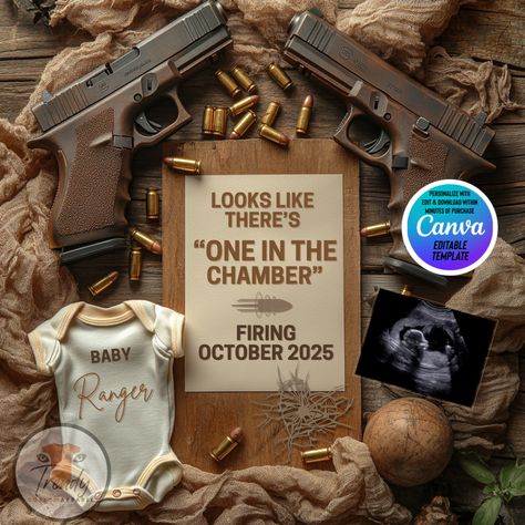 Get ready to announce your pregnancy in style with our customizable Glock-themed digital pregnancy announcement template. Perfect for gun enthusiasts, personalize with your own details like baby's last name, due date, and sonogram photo. Easily edit in Canva with font and color choices. Choose between editing yourself and downloading within minutes or let us do the work for you. Share with family, friends, and on all social media platforms. Stand out with Trendy Custom Apparel. Youre An Aunt Announcement, Half Baked Baby Announcement, Baby Announcement For Christmas, Pregnancy Announcement To Husband Surprise Baby 2, The Grand Finale Pregnancy Announcement, Lego Baby Announcement, Baby Reveal Ideas For Parents, Pregnancy Announcement February 2025, May Baby Announcement Ideas