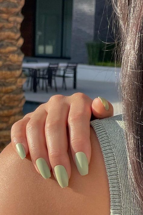 Khaki Green Nails Acrylic, Single Colour Gel Nails, White And Pastel Green Nails, Plain Coloured Acrylic Nails, Pastel Sage Green Nails, Pastel Green And White Nails, Nail Green Pastel, Seige Green Nails, Single Color Gel Nails