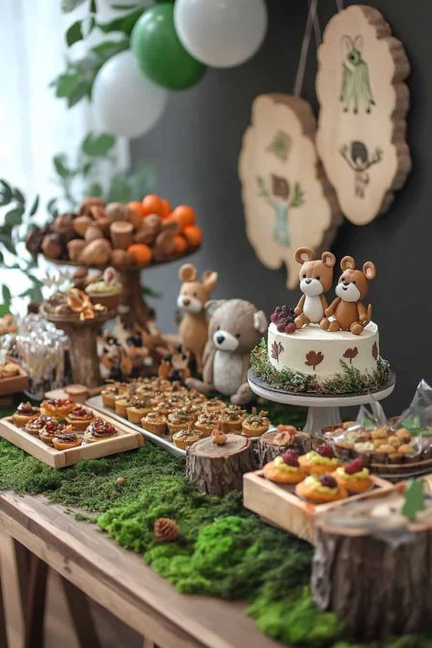 20 Best Fall Baby Shower Themes • Girl Forest Baby Shower, Woodland Shower Theme, Woodlands Baby Shower Cake, Woodland Baby Boy Shower Theme, Baby Shower Outdoor Theme, Woodland Creature Baby Shower Ideas, Cabin Baby Shower Theme, Summer Baby Shower Ideas For Boys, Boho Woodland Baby Shower Ideas