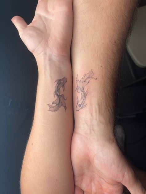 Koi Fish Tattoos Matching, Couple Tattoos Yin And Yang, Best Friend Tattoos On Wrist, Uncommon Matching Tattoos, Yin Yang Tattoo Ideas Couple, Yin And Yang Sister Tattoos, Unique Tattoo For Couples, Tattoo Ideas Couples Unique, Matching Tattoo Inspiration