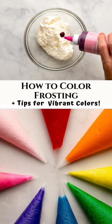 This tutorial shows you the best way to color buttercream frosting, including creating both pastels and vibrant colors – perfect for cakes and cupcakes! Colored Frosting How To Make, How To Color Buttercream Frosting, Coloring Buttercream Frosting, Blue Buttercream Frosting, Homemade Cake Frosting, Buttercream Flavors, Frosting Color Guide, Diy Frosting, Icing Color Chart