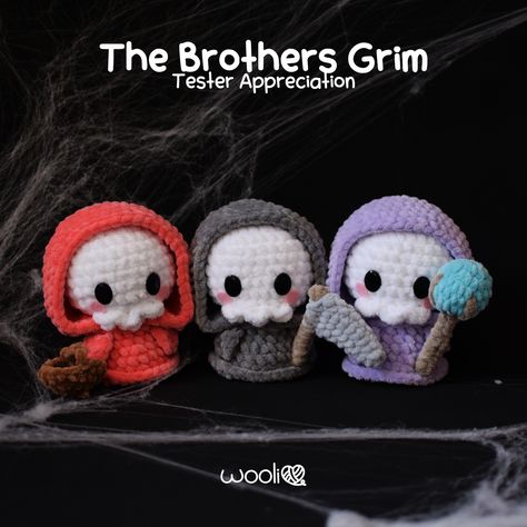 Tester Appreciation Day! ❤️ Today, I just want to take a moment to celebrate the amazing testers who helped bring The Brothers Grim to life! 🖤💀 Seriously, each one of you created such adorable and unique versions, and I’m beyond grateful for all the love, creativity, and time you put into this ❤️ all of you did amazing!!! 😭 Swipe to see all these cute reapers and please go show some love to these wonderful makers 🥰 #TesterAppreciation #TheBrothersGrim #AmigurumiLove #CrochetCommunity #Reap... Grim Reaper Crochet Pattern Free, Crochet Grim Reaper, Reaper Crochet, Cute Grim Reaper, Beyond Grateful, Handmade Things, Halloween Crochet, Diy Crochet Projects, Crochet Toys Patterns