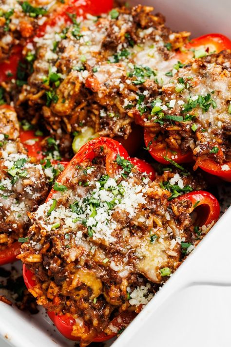 These bison and mushroom stuffed peppers contain lean ground bison, meaty mushrooms, and chewy rice to create a hearty, satisfying twist on a comfort food classic. Bison Stuffed Peppers, Bison Stuffed Bell Peppers, Bison Meal Prep Recipes, Meal Prep Stuffed Peppers, Bison Dinner Recipes, Bison Meal Prep, Recipes With Ground Bison, Bison Ground Beef Recipes, Ground Buffalo Recipes