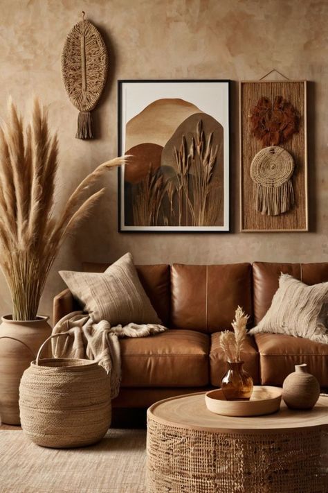 Earth-toned wall art creating a warm and inviting atmosphere in a minimalist living room. Rustic Minimalist Living Room Ideas, Living Room Designs Earth Tones, Brown And Tan Living Room Ideas, Earth Colors Living Room, Tan Walls Living Room, Mil Suite, Wabi Sabi Home Decor, Tan Living Room, Colour Harmony