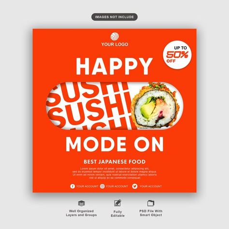 Sushi salmon social media post tamplate ... | Premium Psd #Freepik #psd Foto Sushi, Poster Motion, Sushi Salmon, Visual Advertising, Posters Layout, Banner Inspiration, Graphic Design Posters Layout, Sushi Design, Food F