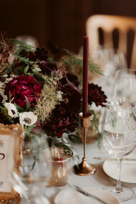 Moody White Wedding, Burgundy Centrepiece, Wedding Table Burgundy, Dark Peonies, Moody Summer Wedding, Burgundy Candles, Burgundy Peonies, Black Calla Lily, Elegant Backyard Wedding