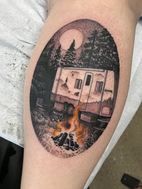 Camping tattoo Camping Tattoo Ideas, Tattoos Calf, Grandpa Tattoo, Elvis Tattoo, Camping Tattoo, Tattoos Watercolor, In Loving Memory Tattoos, Scene Tattoo, Lantern Tattoo