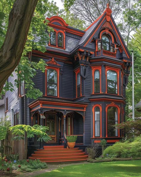 Dark Townhouse Exterior, Victorian Homes Exterior Colors Vintage, Red House Exterior, Outside Paint Colors, Industrial Drawing, Dollhouse Exterior, Gothic Homes, Red Cabin, Victorian Homes Exterior