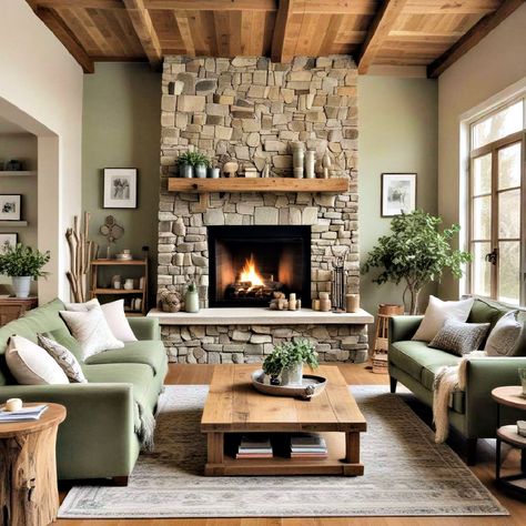 25 Rustic Sage Green Living Room Ideas To Get Inspired Sage And Cream Living Room Decor, Sea Foam Green Couch Living Room, Neutral Living Room Sage Green, Modern Cottage Sitting Room, Cottagecore Home Aesthetic Living Room, Green And Oatmeal Living Room, Sage Lounge Room, Farmhouse Living Room Green Walls, Earthy Cabin Decor