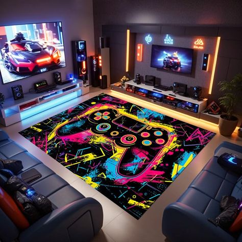 PRICES MAY VARY. 1. Product Size: This gaming rug measures 80x60inches (200x150cm) 2. Suitable Places: Perfect for boys' rooms, gamer rooms, e-sports rooms, and game rooms, enhancing the gaming experience. 3. Premium Material: Made of high-quality materials, this gaming rug is durable and comfortable to use. 4. Easy to Clean and Maintain: This gamer carpet is easy to clean, simply vacuum or spot clean for hassle-free maintenance. 5. Stylish Design: Featuring a stylish design, this gaming area ru Boy Game Room Ideas, Kids Gaming Room, Boys Room Gamer, Urban Room Decor, Cinema Room Decor, Sports Rooms, House Room Design, Gamer Rooms, Gaming Rug