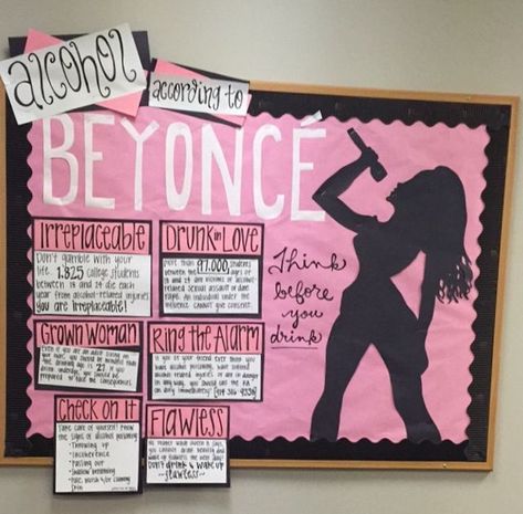 Alcohol According to Beyoncé Alcohol Awareness Bulletin Board Fun Ra Bulletin Boards, Dorm Bulletin Boards, Res Life Door Decs, Ra Decorations, Resident Assistant Bulletin Boards, College Bulletin Boards, Alcohol Awareness, Ra Themes, Passive Programs