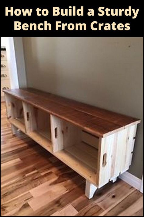 How to Build a Sturdy Bench From Crates: Transform simple crates into a stylish and functional bench for your home DIY project! Bookshelf Bench, Make A Bench, Unique Bench, Crate Bench, Making A Bench, Crate Bookshelf, Old Crates, Crate Diy, Carpentry Skills