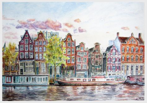 Amsterdam Sketch Drawings, Amsterdam Drawing, Amsterdam Watercolor Painting, Amsterdam Buildings Drawing, Dutch House Watercolor, Amsterdam Watercolor, Amsterdam Painting, Amsterdam Buildings Illustration, Amsterdam Pictures