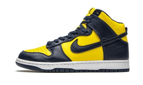 Dunk High Maize & Blue (Michigan) Sneakers Nike homme femme Nike Dunk High Michigan, Michigan Wolverines Basketball, Maize And Blue, Nike Swoosh Logo, Baskets Nike, Exclusive Sneakers, Dunks Nike, Sneaker Stores, Dunk High