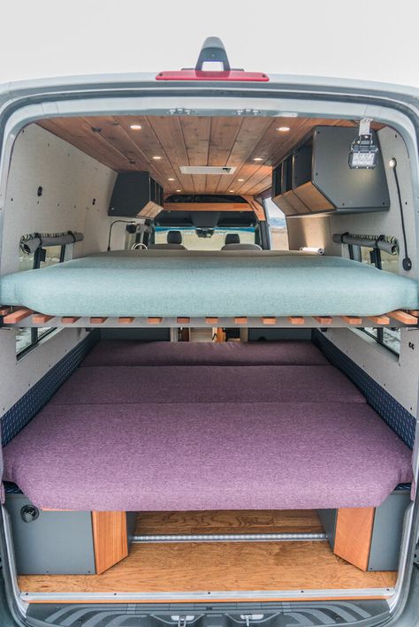 Sprinter Interior, Van Conversion Plans, Van Conversion For Family, Van Conversion Kits, Van Conversion Layout, Diy Van Conversions, Camper Beds, Van Bed, Diy Camper Trailer