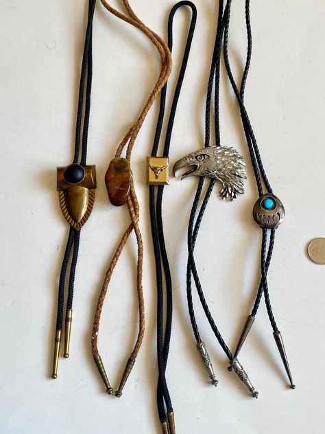 Vintage Rare Bolo Ties, Collectible Accessories, Western Native American Style Bolo Ties, Eagle Bear Paw Bolo Tie, Arrowhead Steer Bolo Tie. Various bolo ties: 1) Navajo Bear Paw Bolo Tie - Sterling silver Turquoise Stone - faux leather cord - great vintage condition - has mild tarnish (can be easily cleaned up); 2) Brown Semi-Precious Stone Bolo Tie - resembles brown agate but could easily be another stone - faux leather cord - great vintage condition - the string has minor wear; 3) Steer Bolo Accessory Inspo, Brown Agate, Bolo Ties, Native American Style, Stacked Necklaces, Bear Paw, Native Jewelry, Bear Paws, Native American Fashion