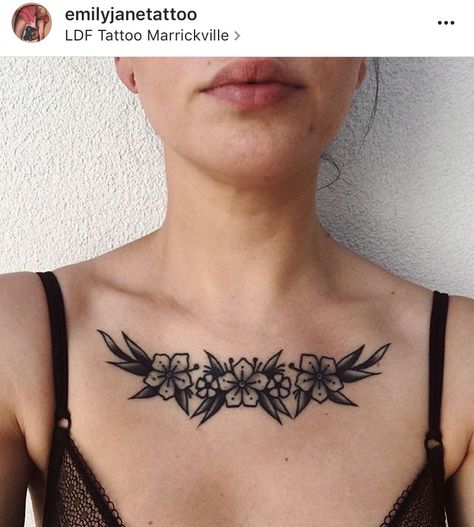 Triple Flower Tattoo, Traditional Flower Collar Bone Tattoo, Women Chest Tattoo Traditional, Old School Chest Tattoo Female, Sternum Traditional Tattoo, Traditional Flower Chest Tattoo, Collar Bone Tattoo American Traditional, American Traditional Chest Tattoo Female, Collarbone Tattoo Traditional