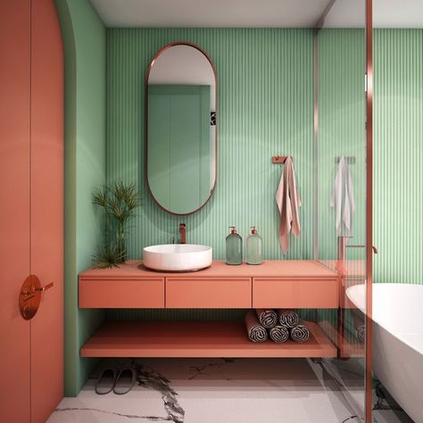 Coral Bathroom, Colourful Bathroom, Bathroom Furniture Modern, Bathroom Design Trends, Bad Inspiration, Bathroom Paint Colors, Stencil Furniture, Bathroom Units, Bathroom Trends