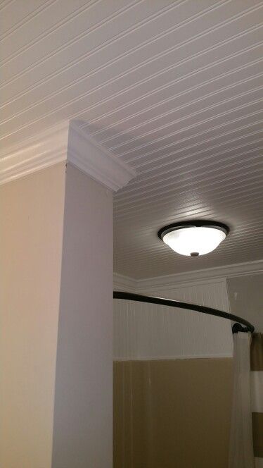 Beadboard Ceiling With Crown Molding, Ceiling With Crown Molding, Fall Sealing, Studio Ceiling, Ceiling Crown, Diy Crown Molding, Ceiling Remodel, Ceiling Crown Molding, Covering Popcorn Ceiling