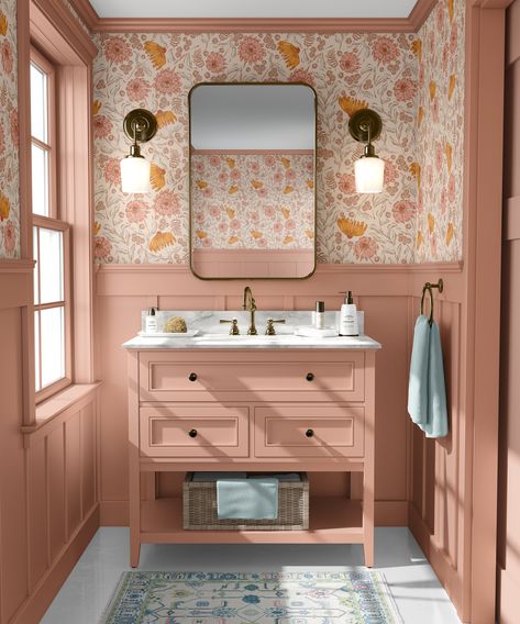 Pink Wallpaper, Boho Wallpaper, Floral Wallpaper, Peel and Stick, Self-adhesive Wallpaper, Whimsy, Bathroom Wallpaper, Removable Wallpaper - Etsy Half Bathroom Ideas Pink, Flower Themed Bathroom, Peach Bathroom Cabinets, Pink Bathroom Inspiration, Yellow And Pink Bathroom, Floral Wallpaper Powder Room, Whimsy Bathroom, Bathroom Wallpaper Pink, Fun Wallpaper Bathroom