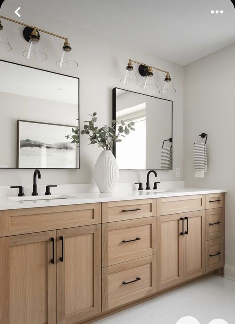 Natural Wood Bathroom Vanity With Black Hardware, Light Bathroom Cabinets, Light Wood Bathroom Ideas, Natural Wood Cabinets Bathroom, Double Sink Master Bath Vanity, White Oak Bathroom Vanity Gold Hardware, White Oak Bathroom Vanity Master Bath, Natural Wood Bathroom Ideas, Oak Bathroom Ideas