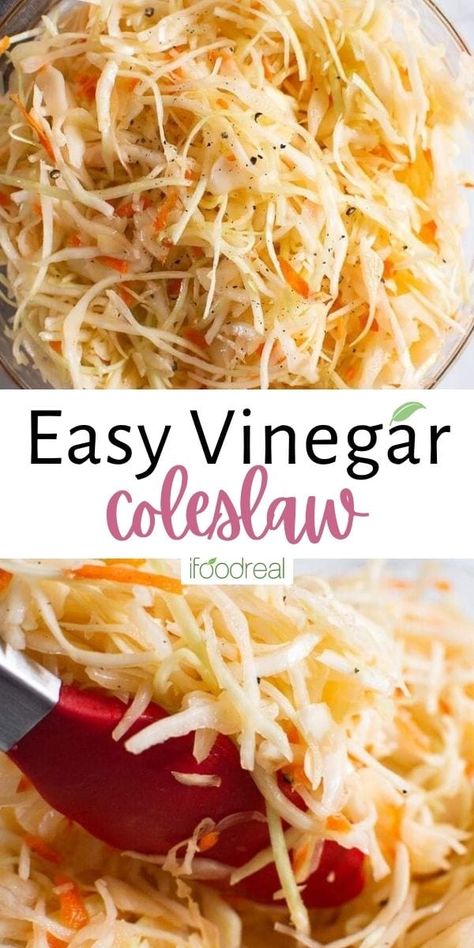 Vinegar Based Coleslaw is made with just 4 ingredients and without mayo. Fresh, easy and crispy it will be a hit at your next cookout! Vinegar Based Coleslaw, Coleslaw With Vinegar Dressing, Coleslaw No Mayo, Vinegar Coleslaw Recipe, Vinegar Based Coleslaw Recipe, Healthy Potluck Recipes, Homemade Vinegar, Healthy Coleslaw Recipes, Vinegar Coleslaw