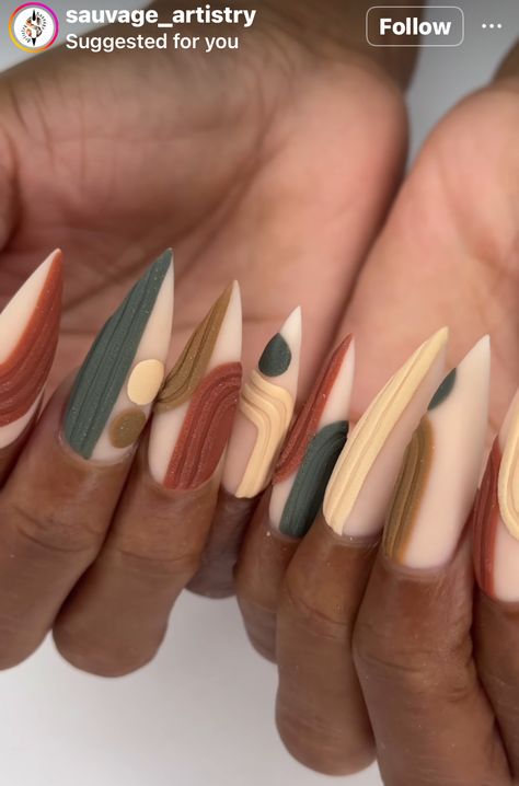 Matte Texture Nails, Grown Woman Nail Designs, Earth Tone Nails Colors, Autumn Nails Stiletto, Fall Nails With Green, Fall Stilleto Nail Ideas, Dope Nail Designs Fall 2024, Abstract Fall Nails, Nail Art Inspo Aesthetic